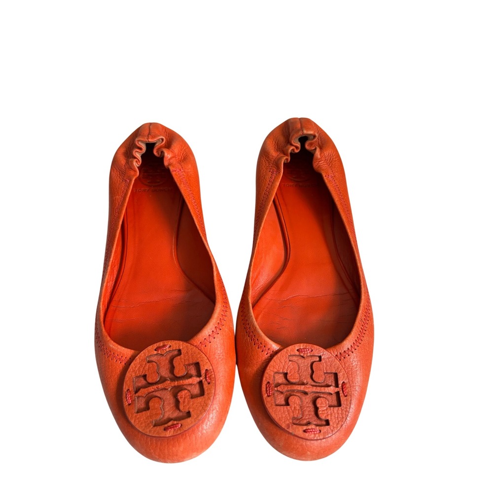 Tory Burch Minnie Travel Ballet Flats Orange Pebbled Leather Logo Medallion 8.5